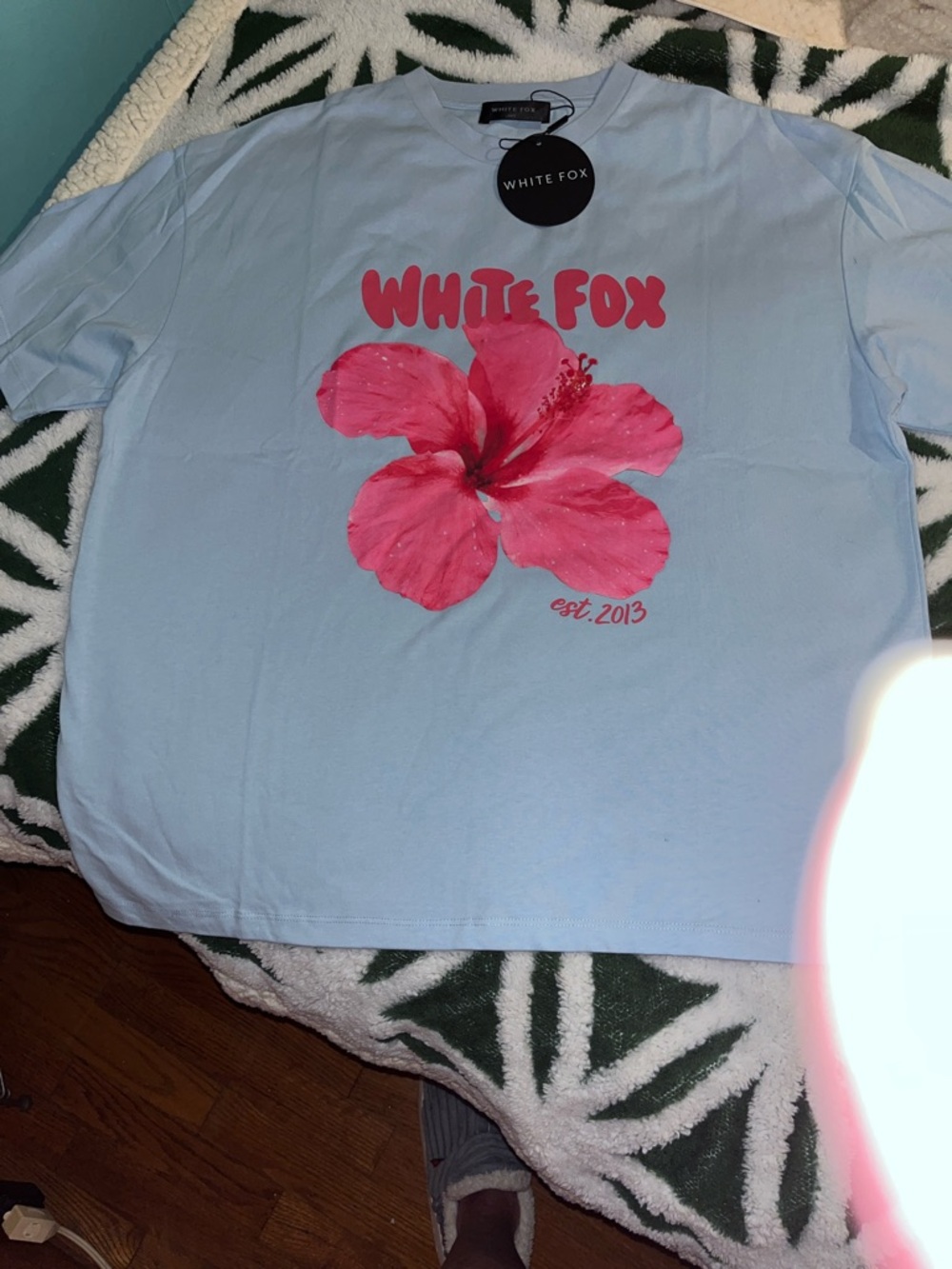 White Fox Light Blue Tee with Pink Floral Graphic Oversized Medium